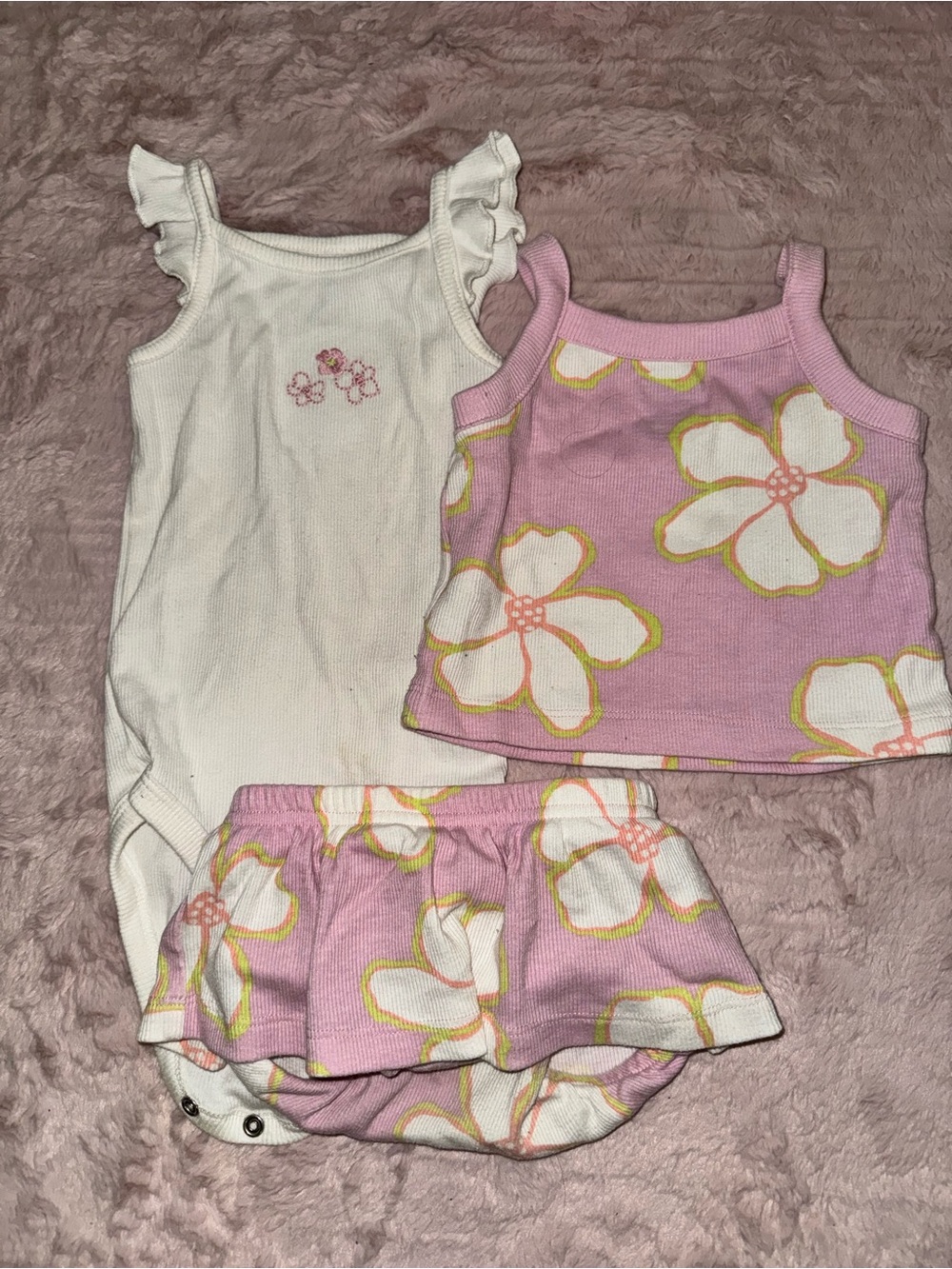 Carter's Pink Floral Tank Top, Skirted Bloomers & White Ruffle Bodysuit Set